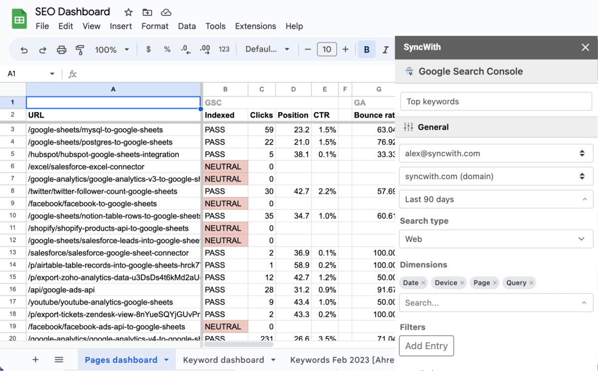 Importing Google Search Console website performance into Google Sheets